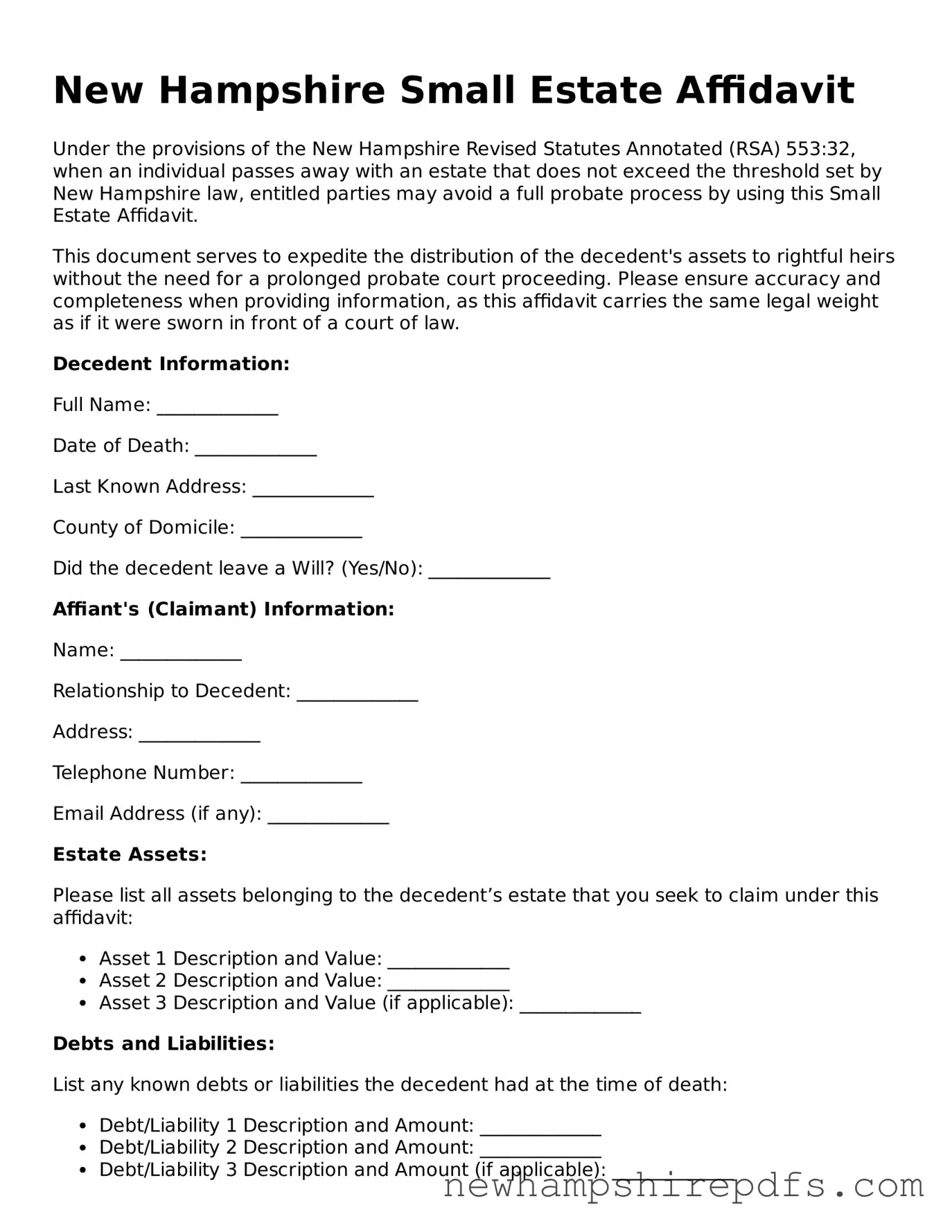 Fillable  Small Estate Affidavit Template for New Hampshire