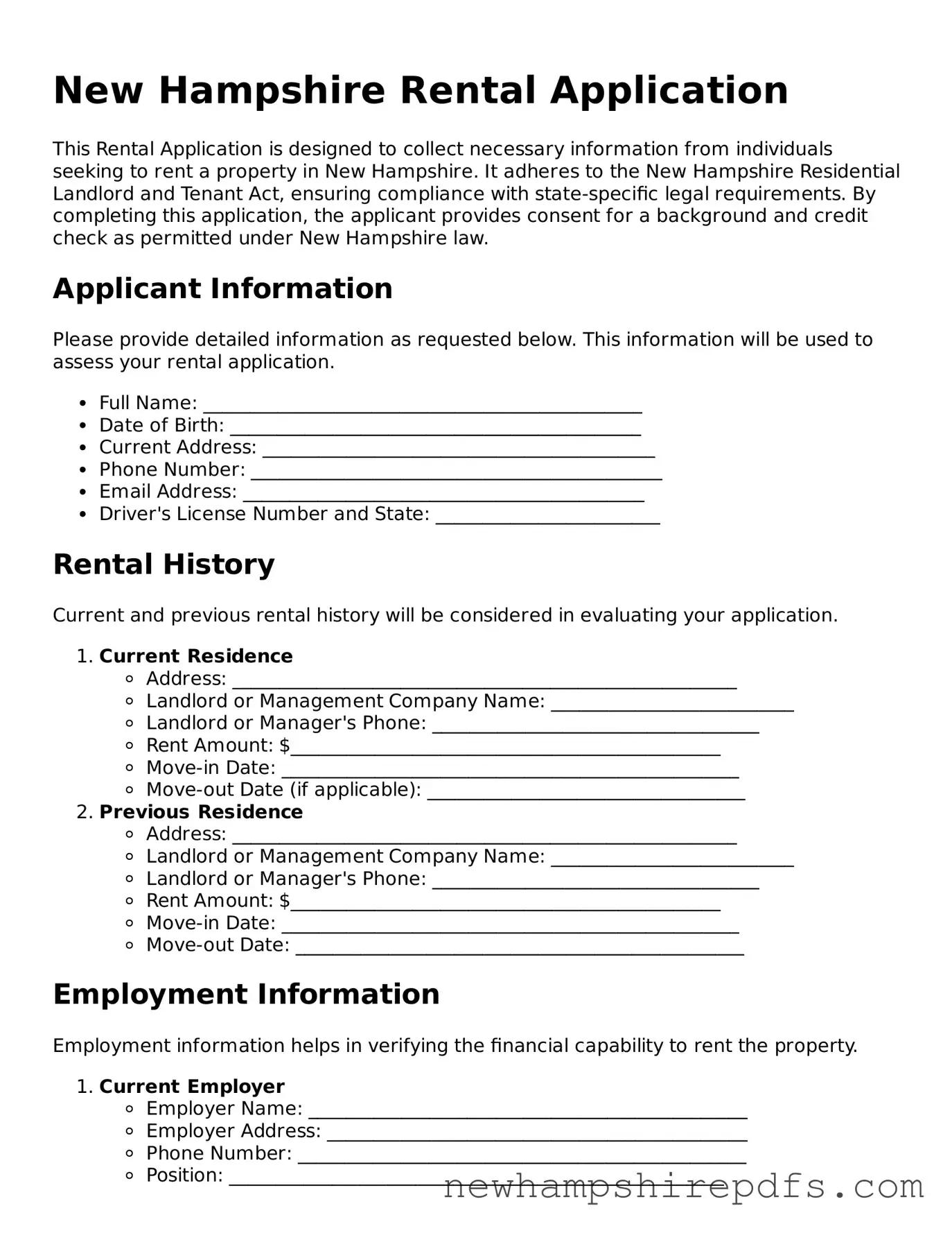 Fillable  Rental Application Template for New Hampshire
