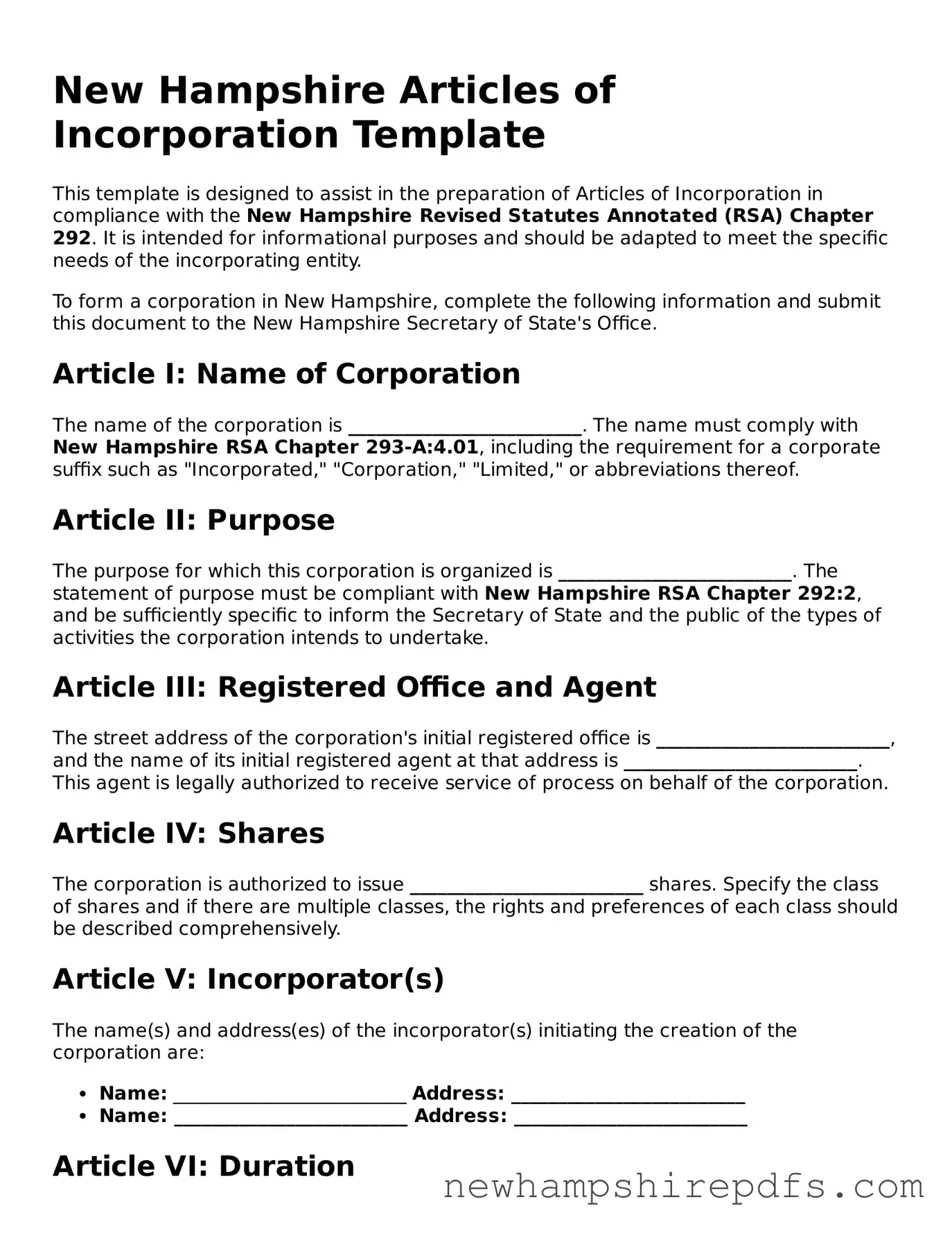 Fillable  Articles of Incorporation Template for New Hampshire