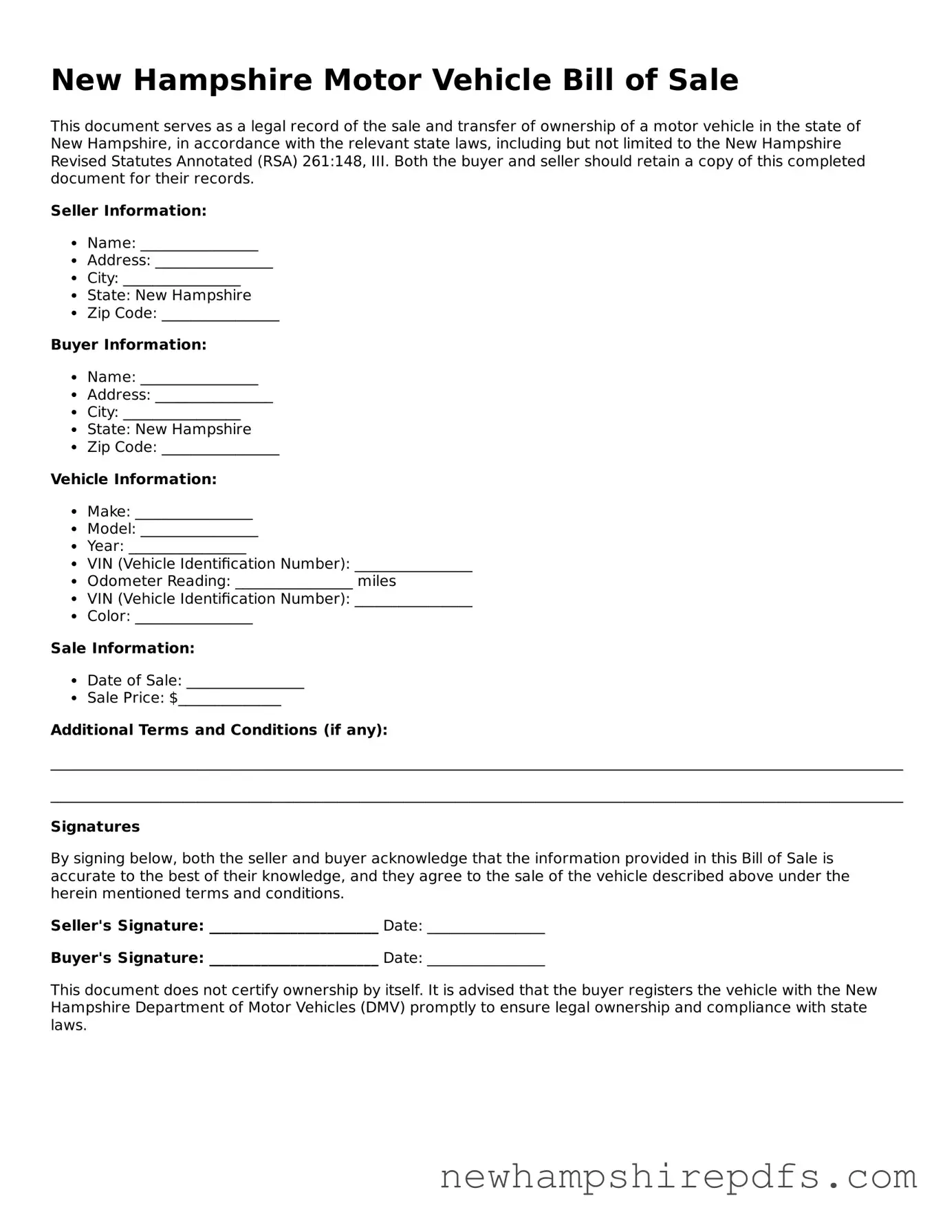 Fillable  Motor Vehicle Bill of Sale Template for New Hampshire