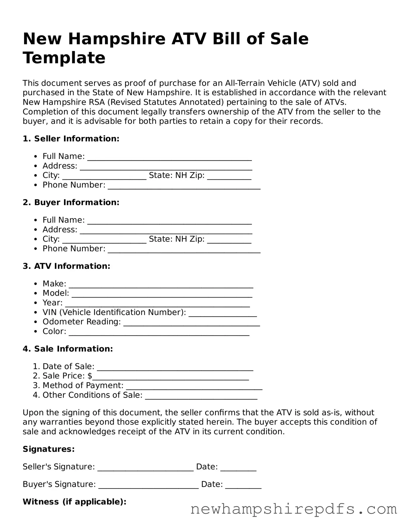 Fillable  ATV Bill of Sale Template for New Hampshire