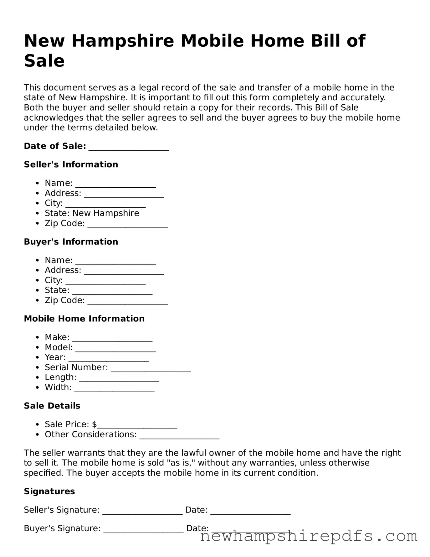 Fillable  Mobile Home Bill of Sale Template for New Hampshire