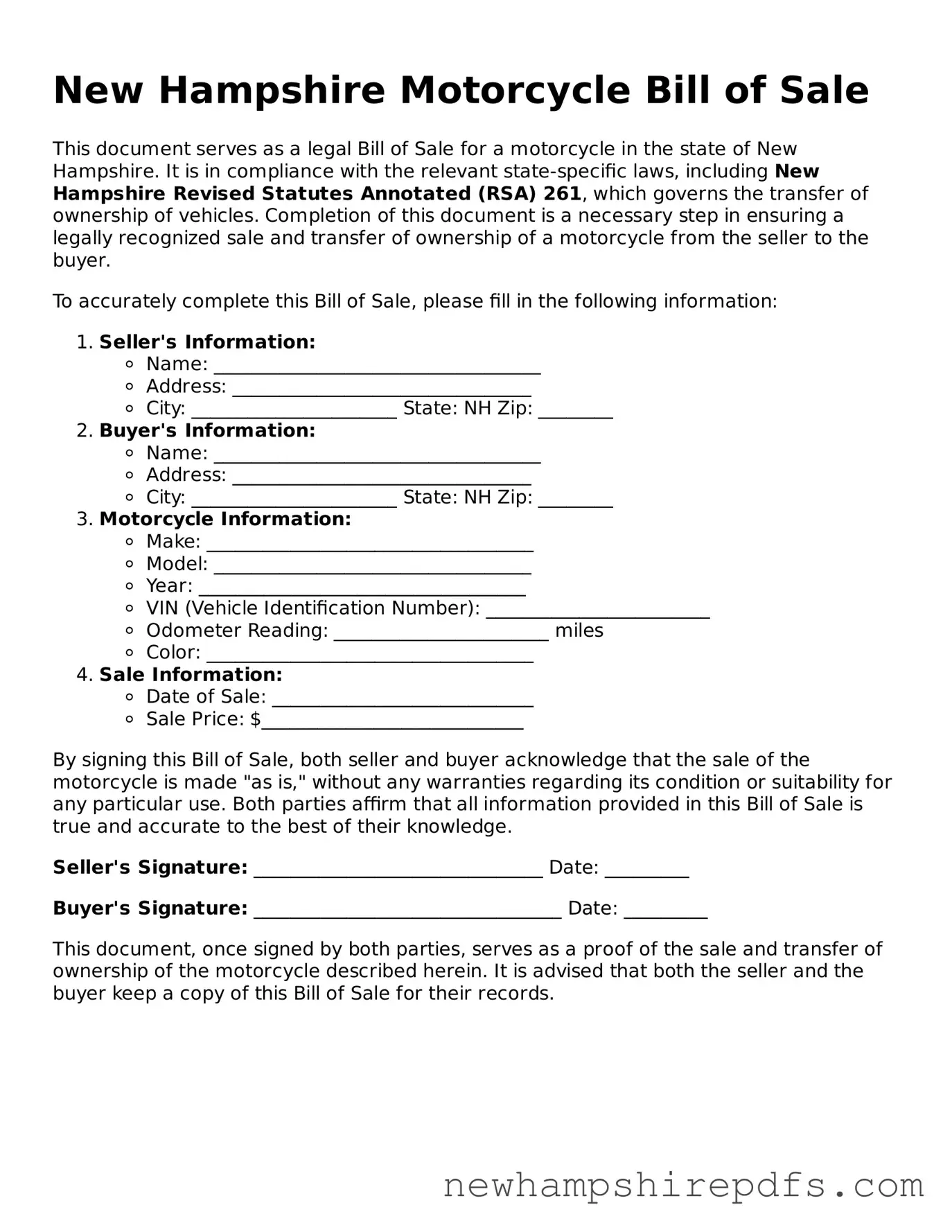Fillable  Motorcycle Bill of Sale Template for New Hampshire