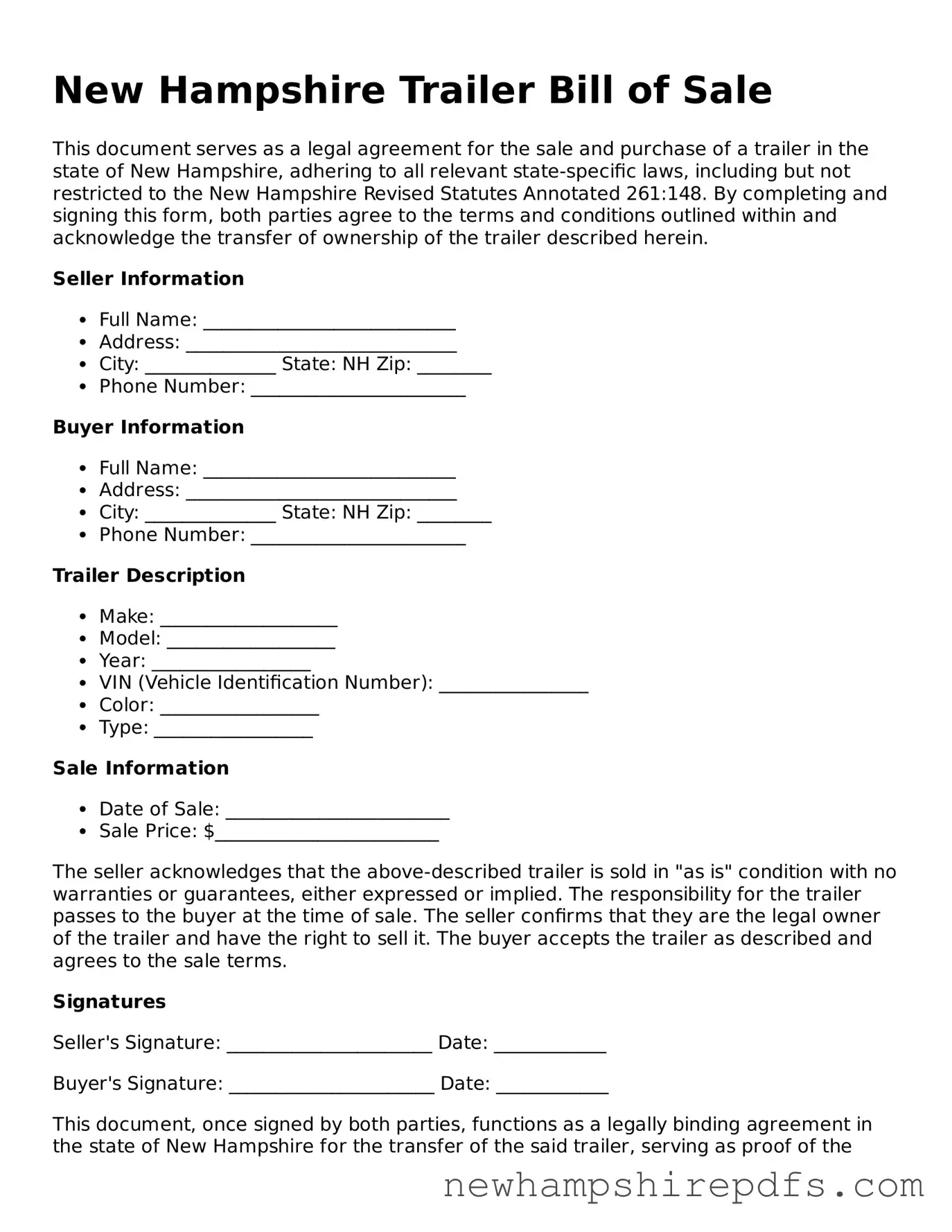 Fillable  Trailer Bill of Sale Template for New Hampshire