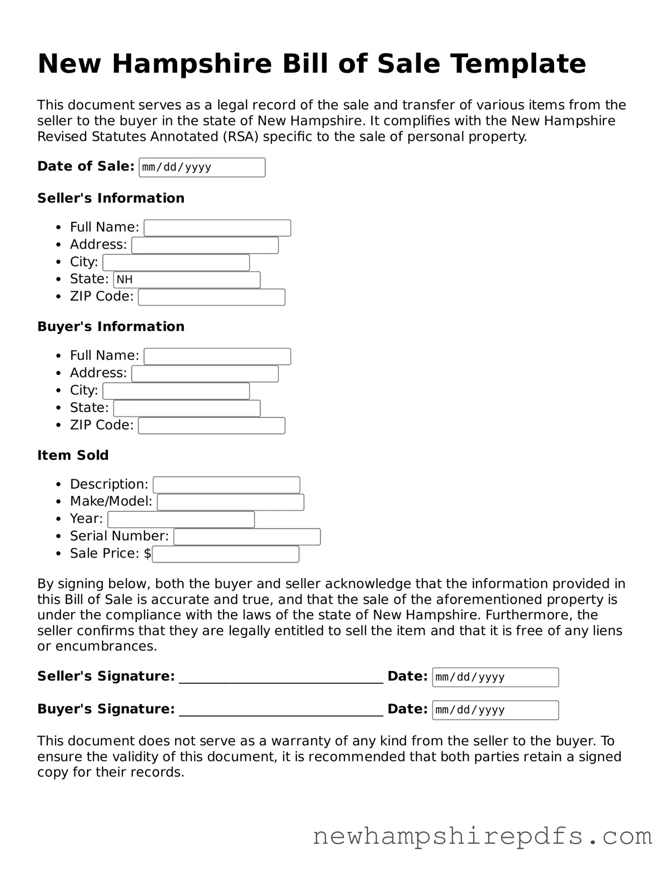 Fillable  Bill of Sale Template for New Hampshire