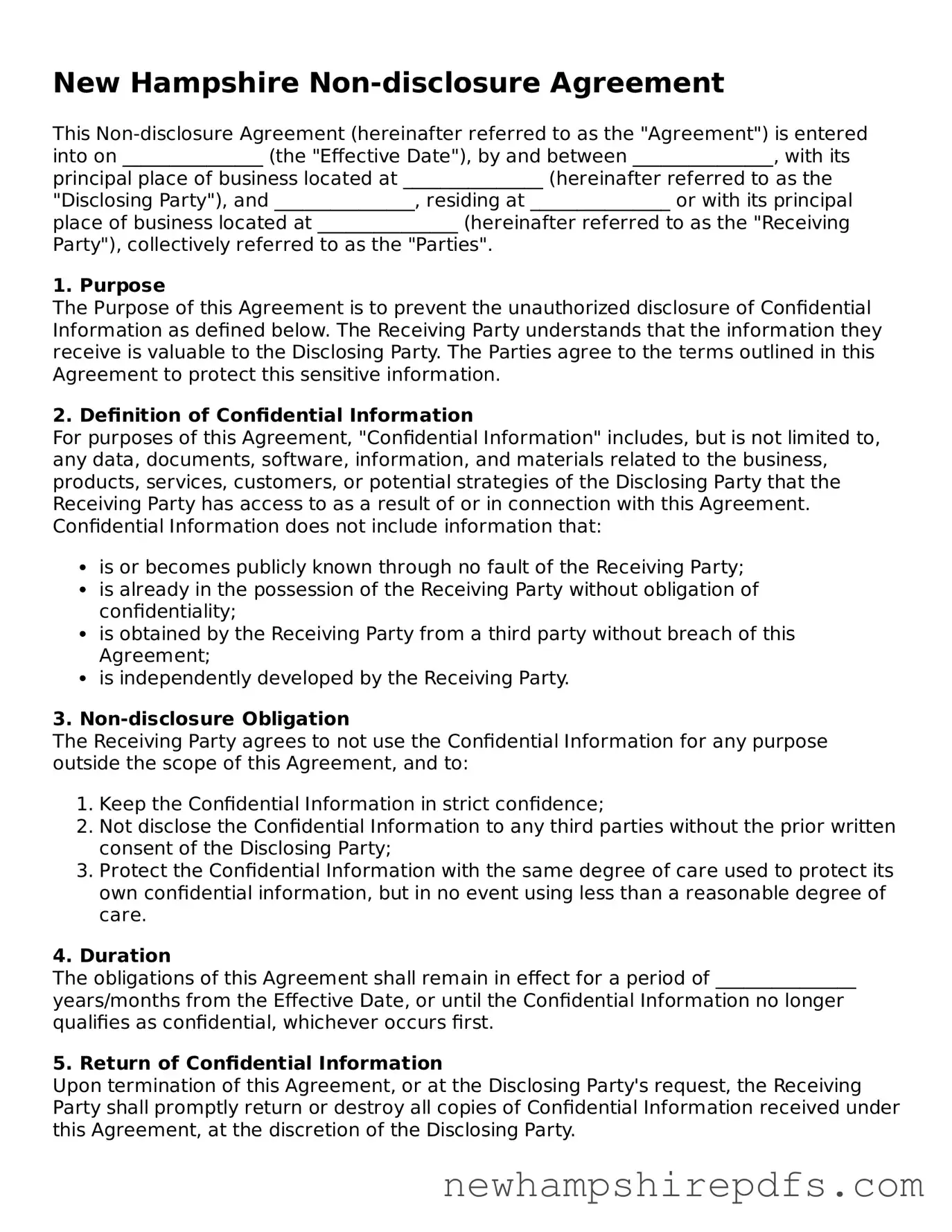 Fillable  Non-disclosure Agreement Template for New Hampshire
