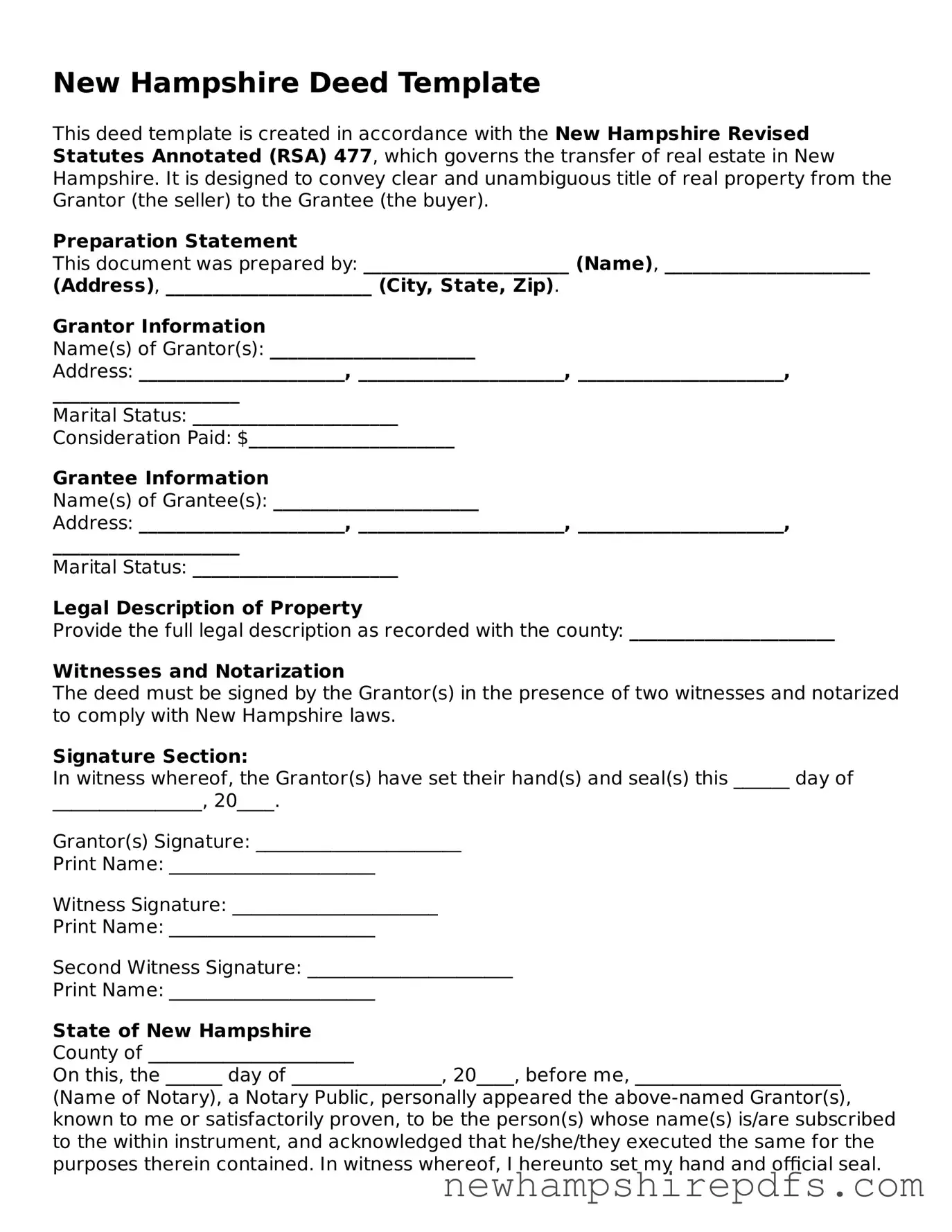 Fillable  Deed Template for New Hampshire