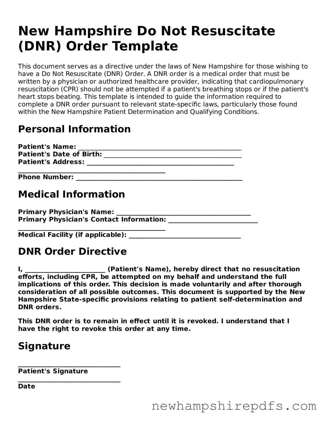 Fillable  Do Not Resuscitate Order Template for New Hampshire