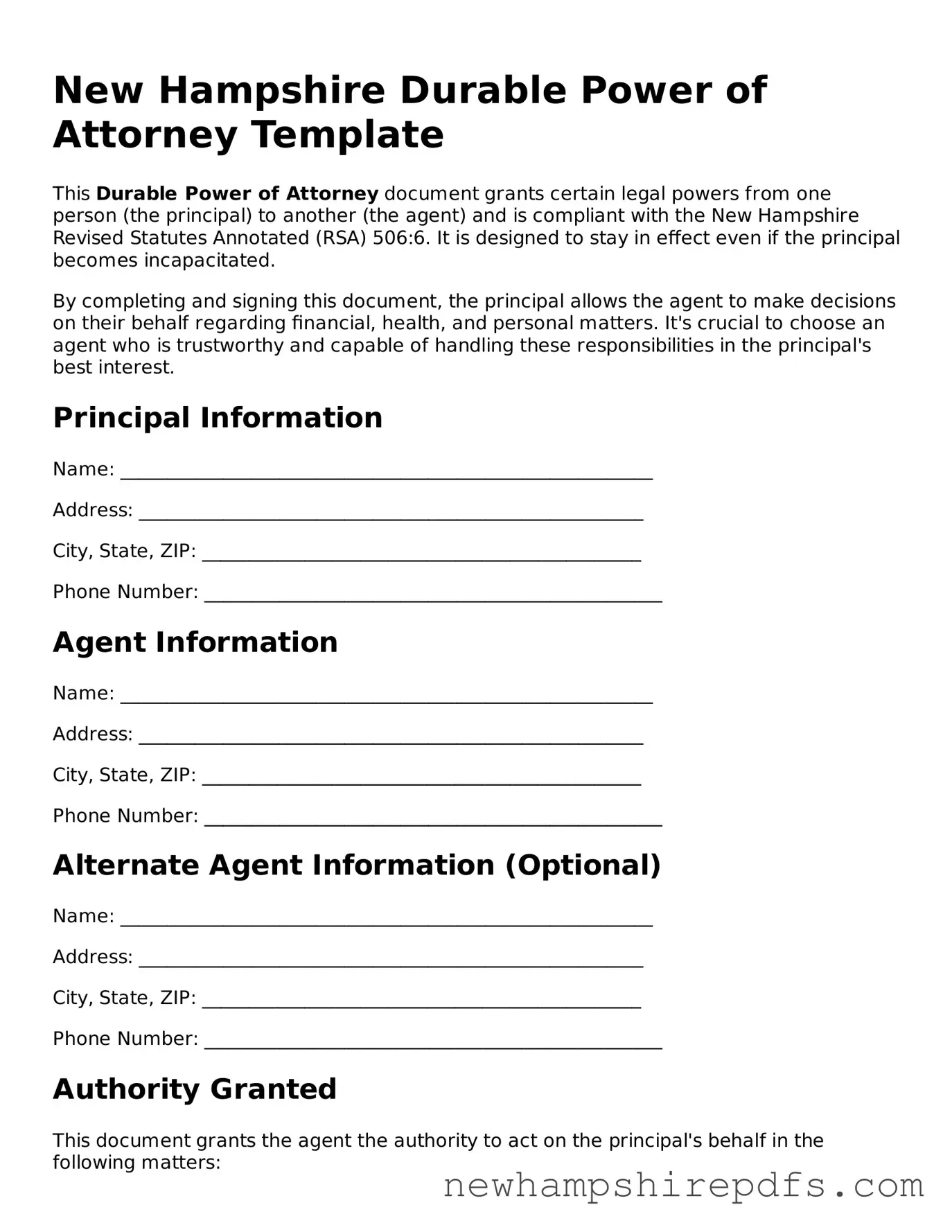 Fillable  Durable Power of Attorney Template for New Hampshire