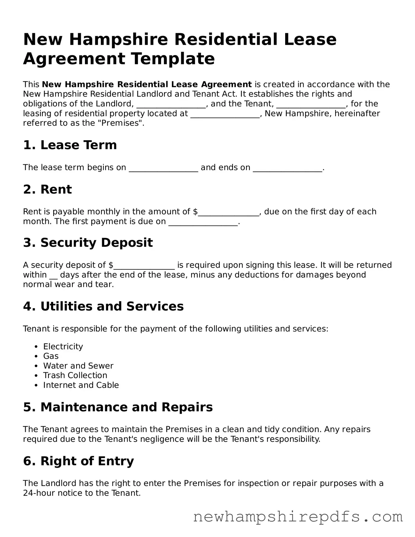 Fillable  Residential Lease Agreement Template for New Hampshire