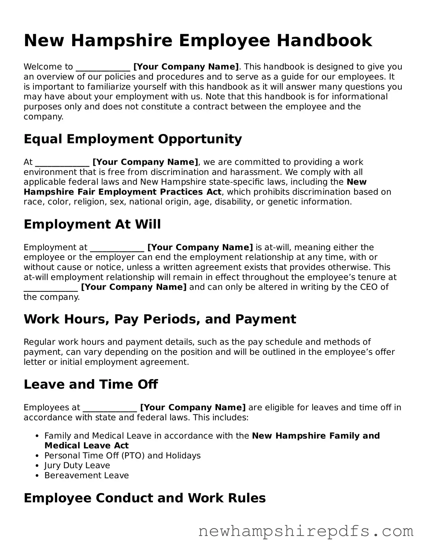 Fillable  Employee Handbook Template for New Hampshire