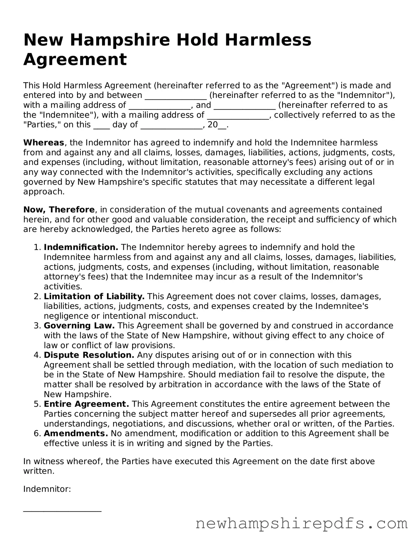 Fillable  Hold Harmless Agreement Template for New Hampshire