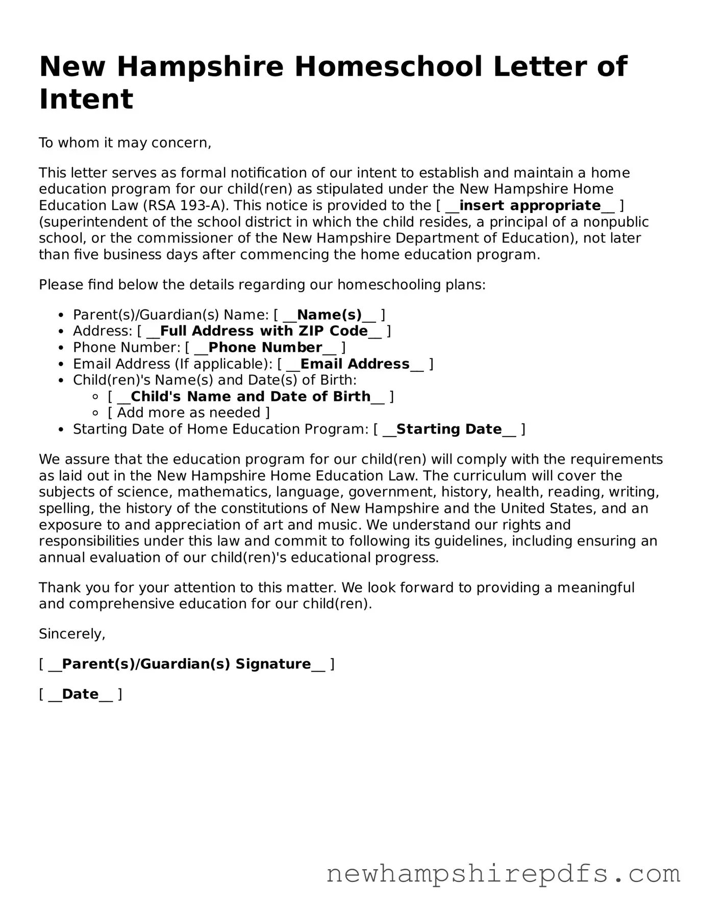 Fillable  Homeschool Letter of Intent Template for New Hampshire