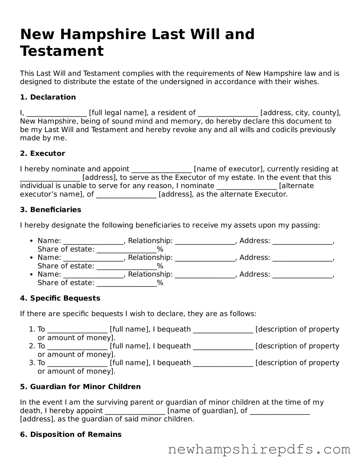 Fillable  Last Will and Testament Template for New Hampshire