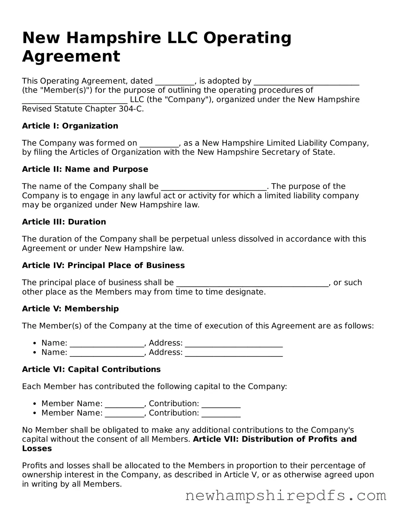 Fillable  Operating Agreement Template for New Hampshire
