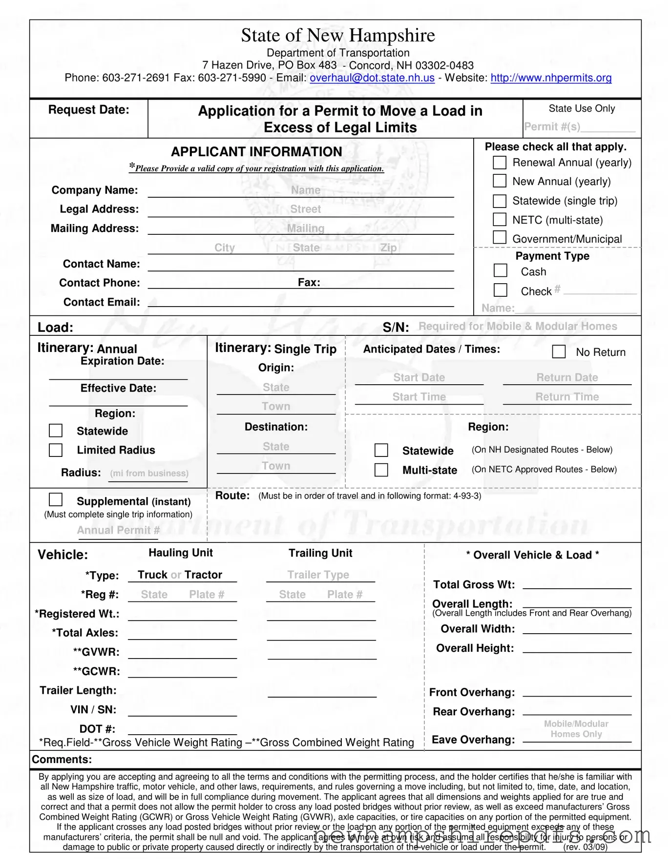 Download New Hampshire Load Template in PDF