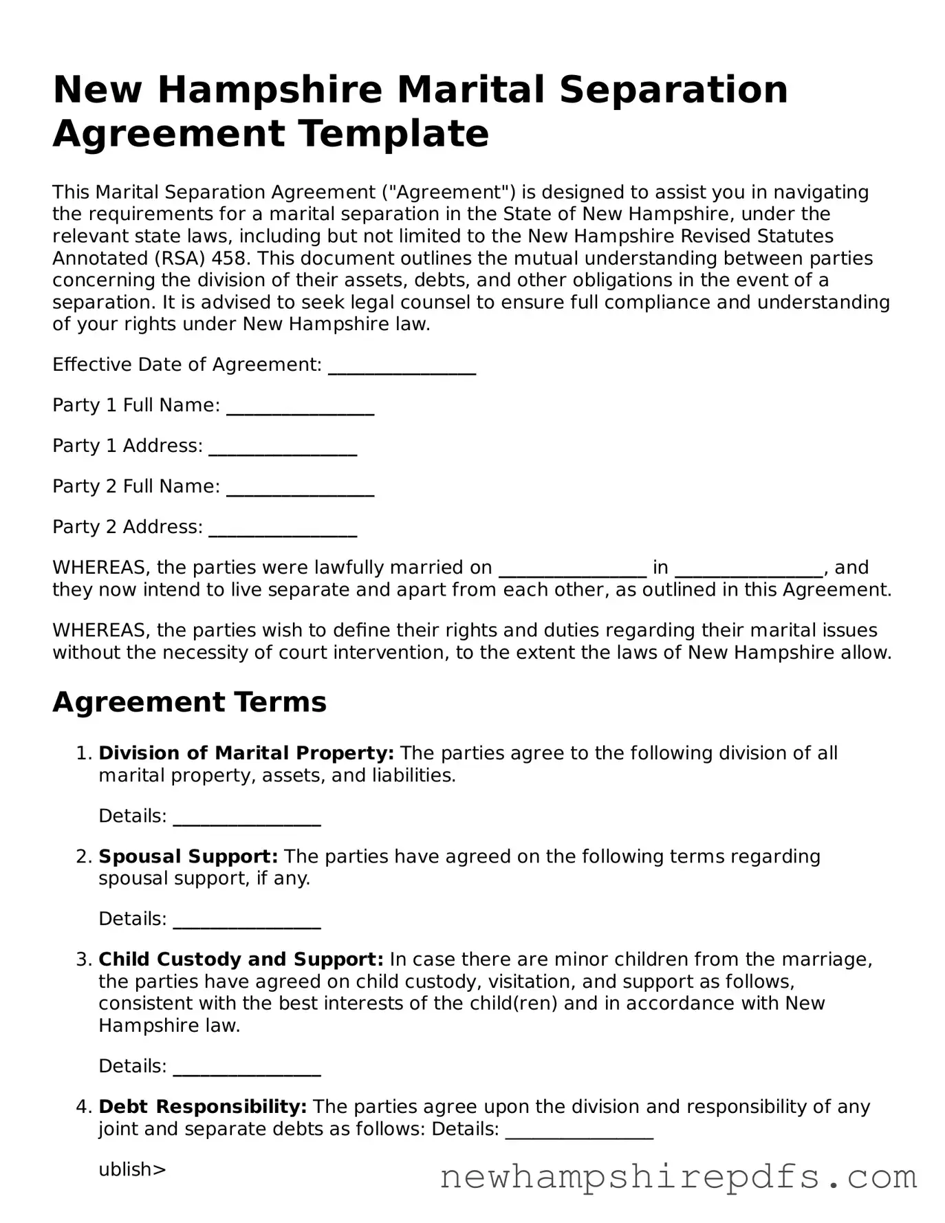 Fillable  Marital Separation Agreement Template for New Hampshire