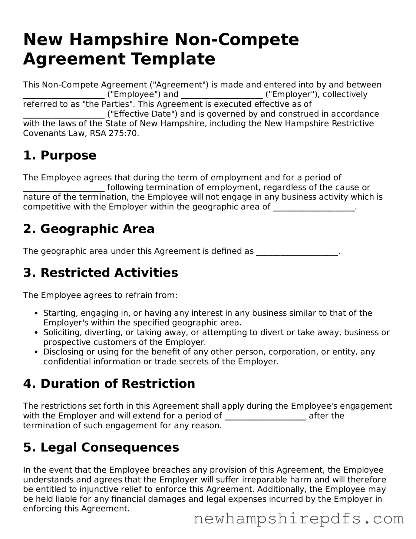 Fillable  Non-compete Agreement Template for New Hampshire