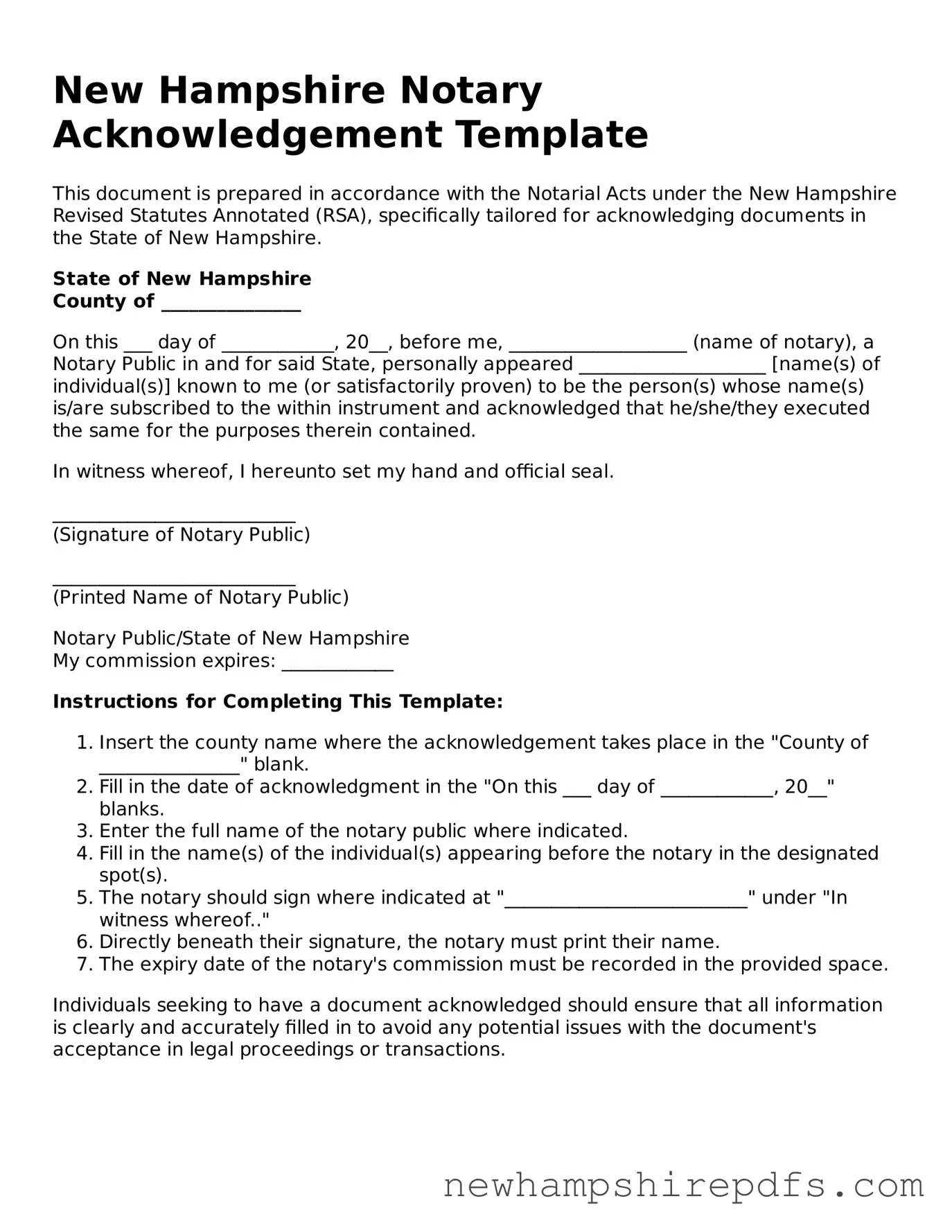 Fillable  Notary Acknowledgement Template for New Hampshire
