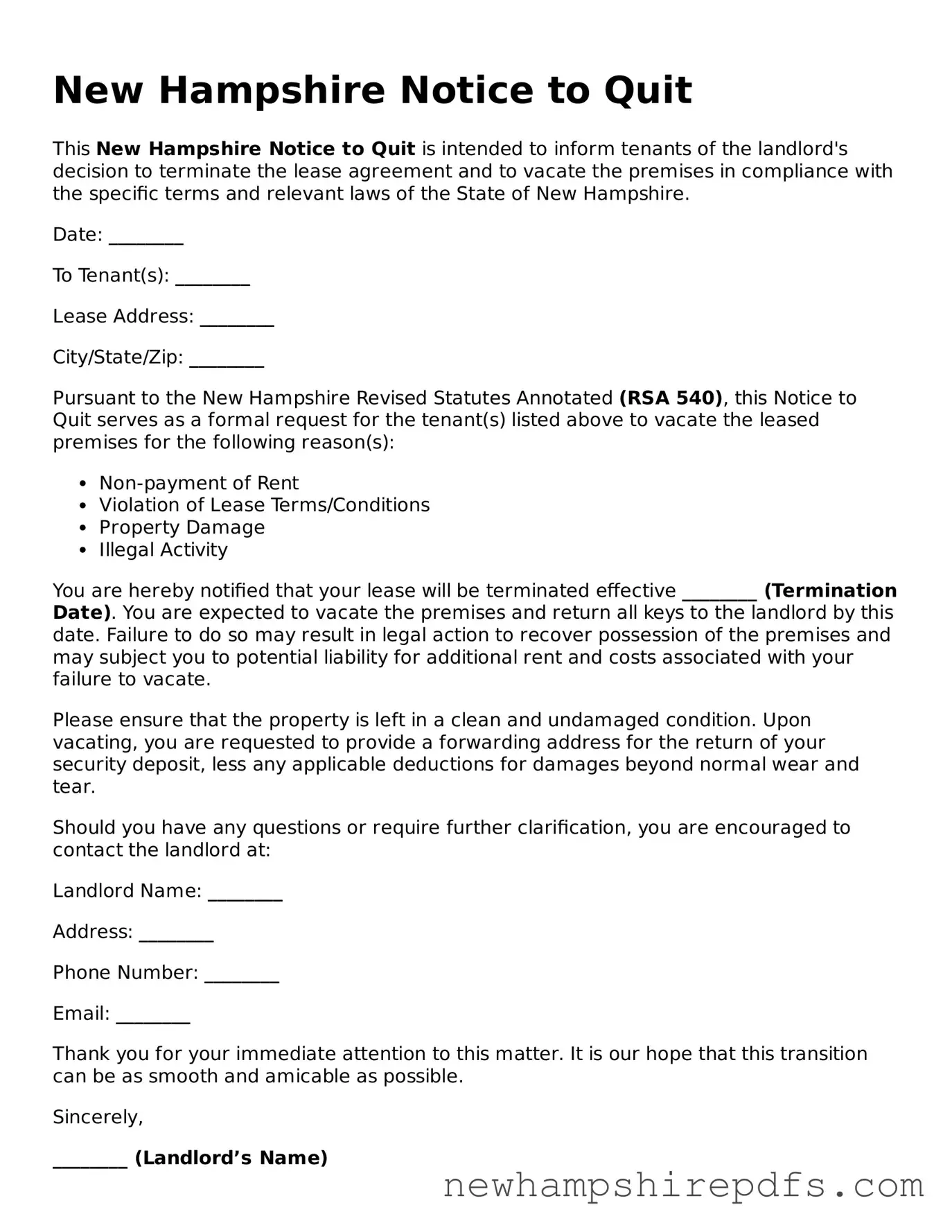 Fillable  Notice to Quit Template for New Hampshire