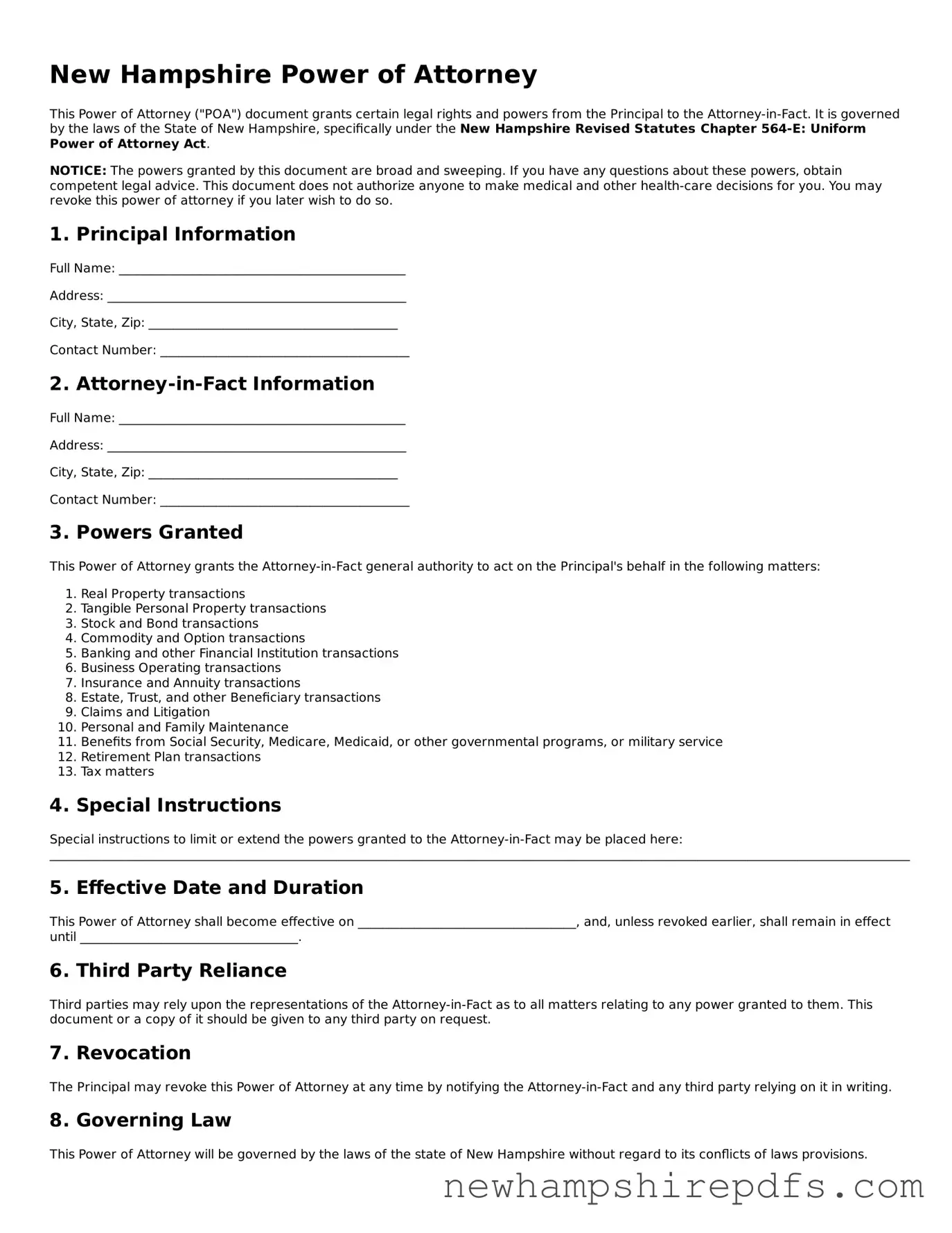 Fillable  Power of Attorney Template for New Hampshire