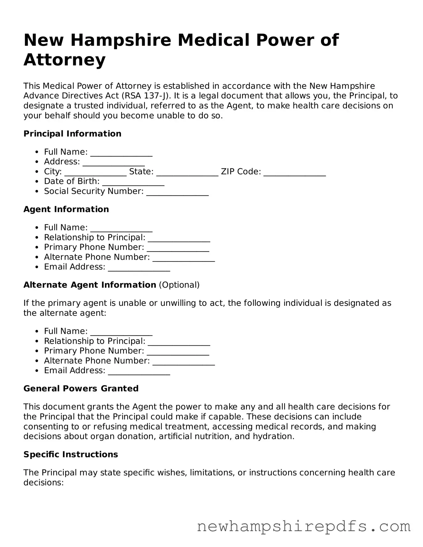 Fillable  Medical Power of Attorney Template for New Hampshire