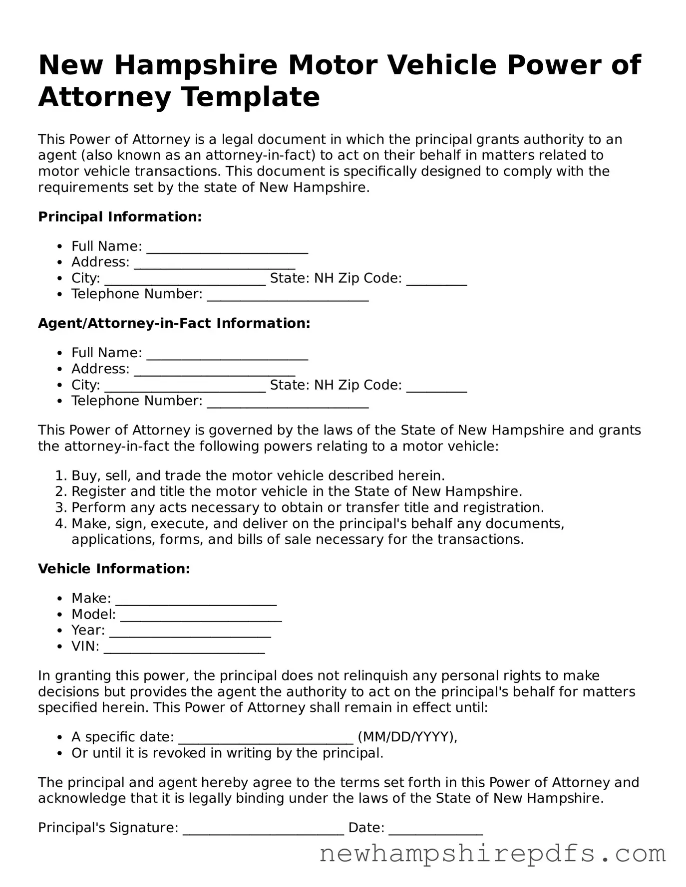 Fillable  Motor Vehicle Power of Attorney Template for New Hampshire