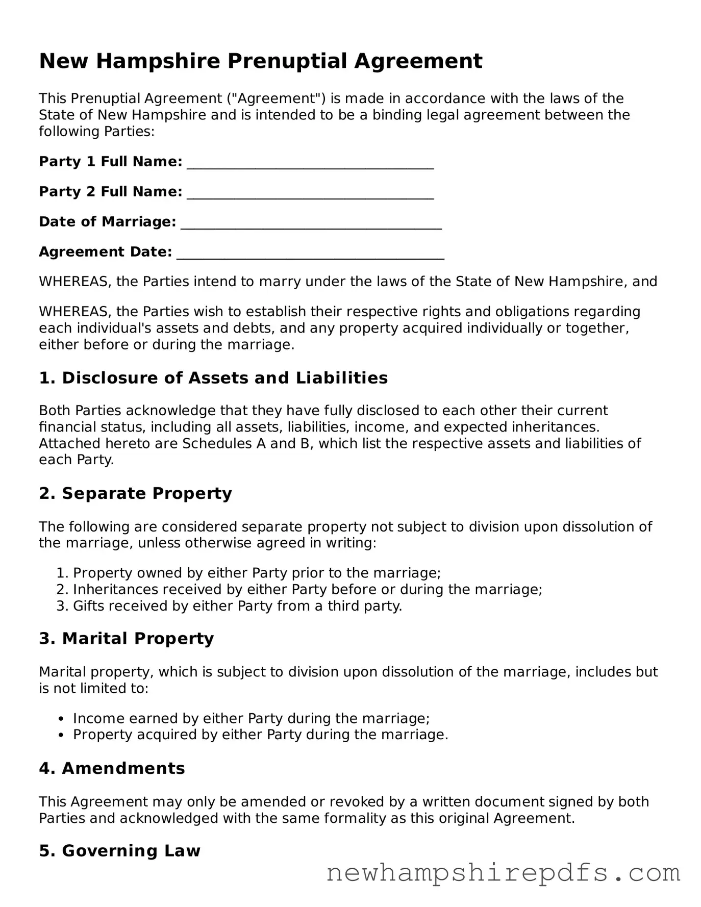 Fillable  Prenuptial Agreement Template for New Hampshire