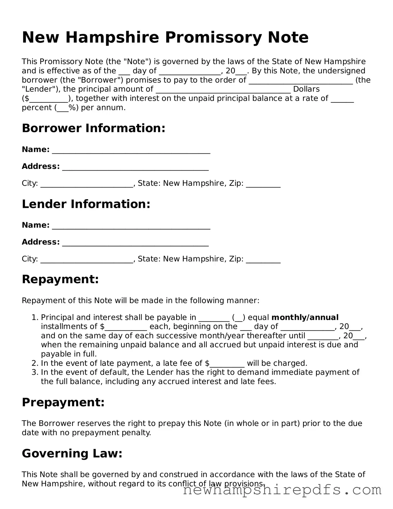 Fillable  Promissory Note Template for New Hampshire