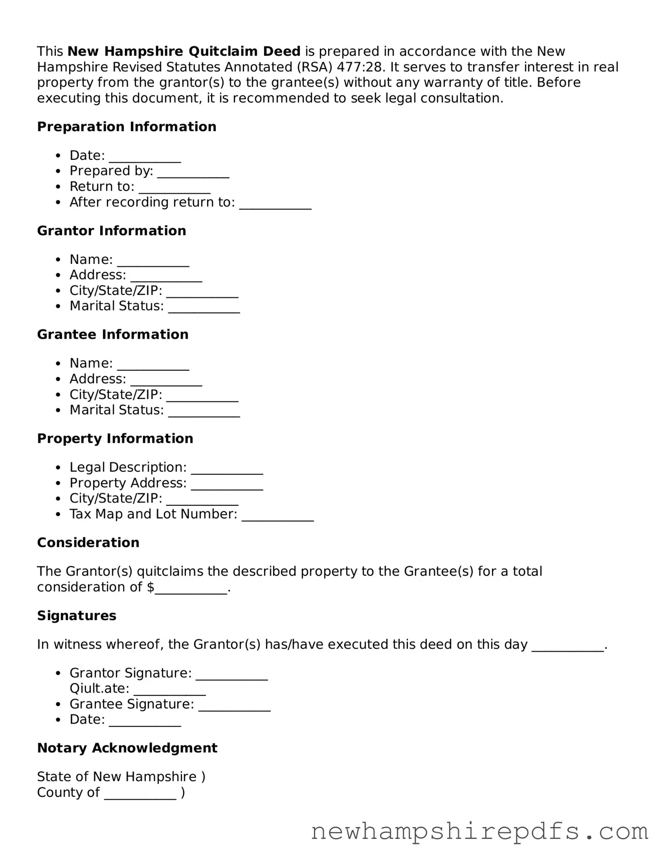 Fillable  Quitclaim Deed Template for New Hampshire