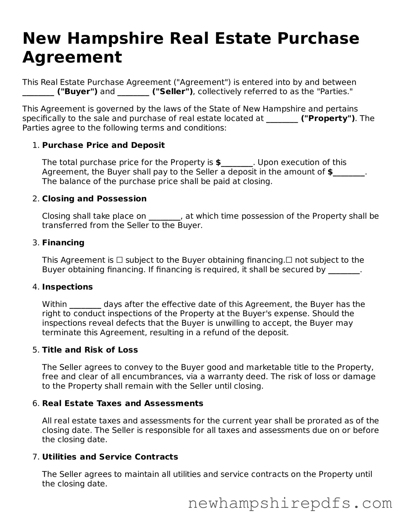 Fillable  Real Estate Purchase Agreement Template for New Hampshire