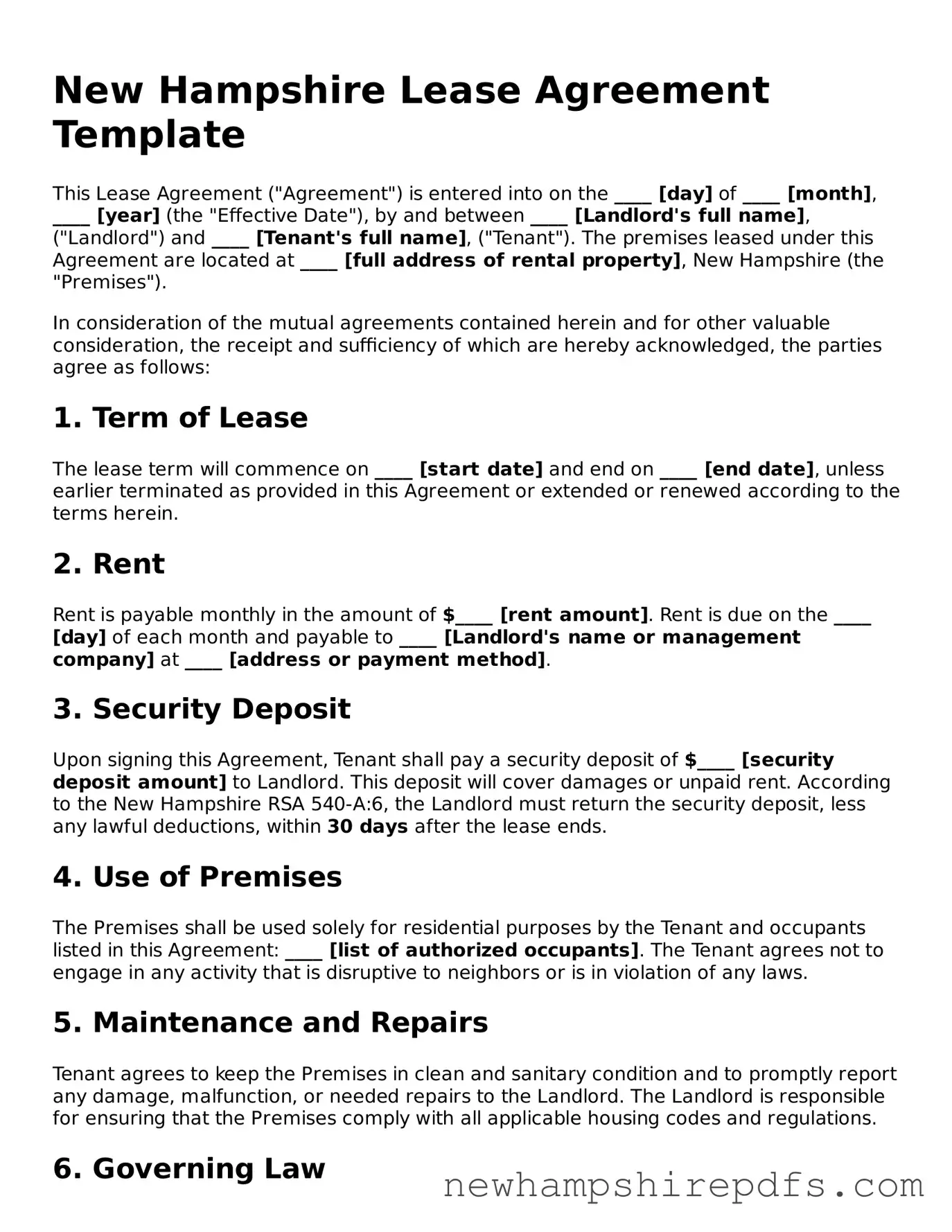 Fillable  Lease Agreement Template for New Hampshire