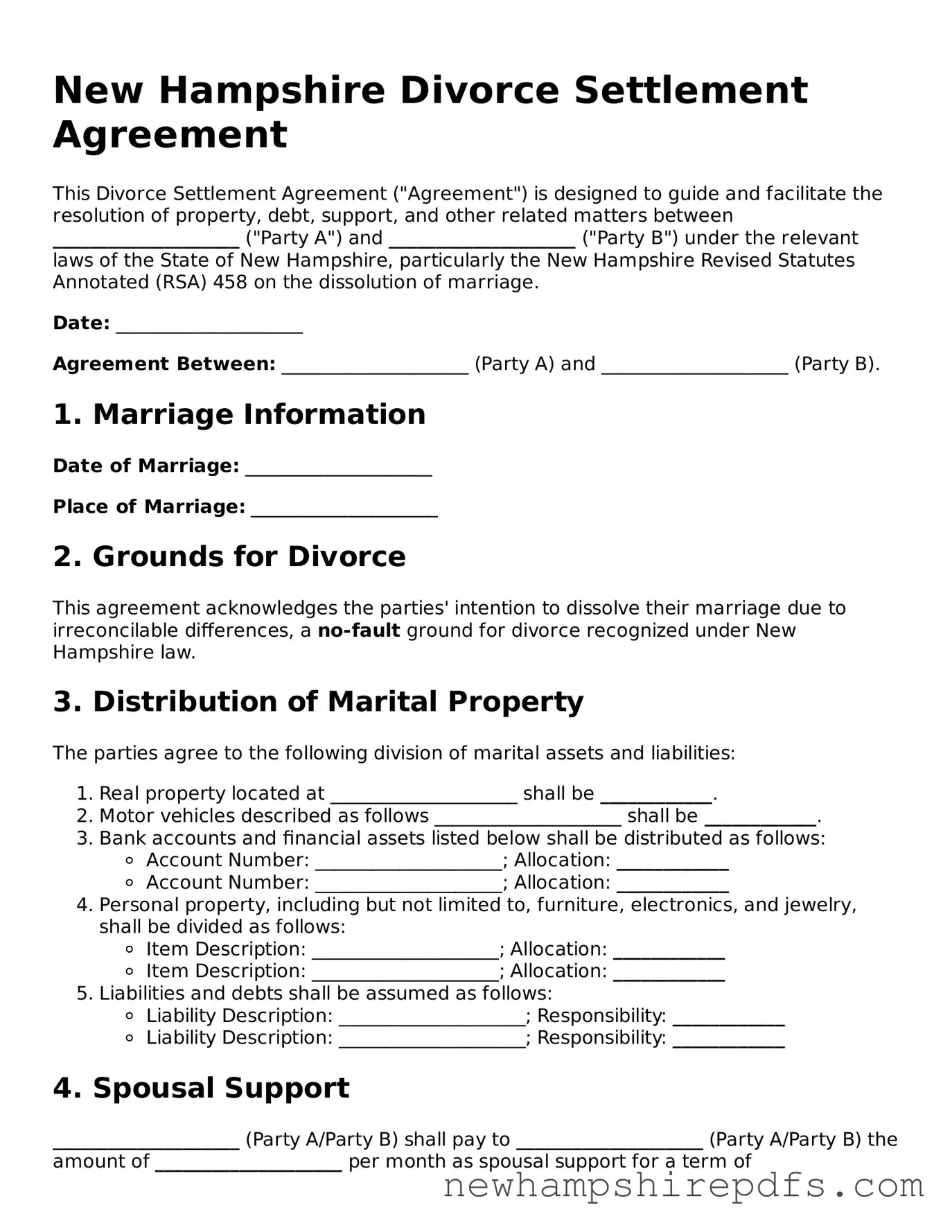 Fillable  Divorce Settlement Agreement Template for New Hampshire