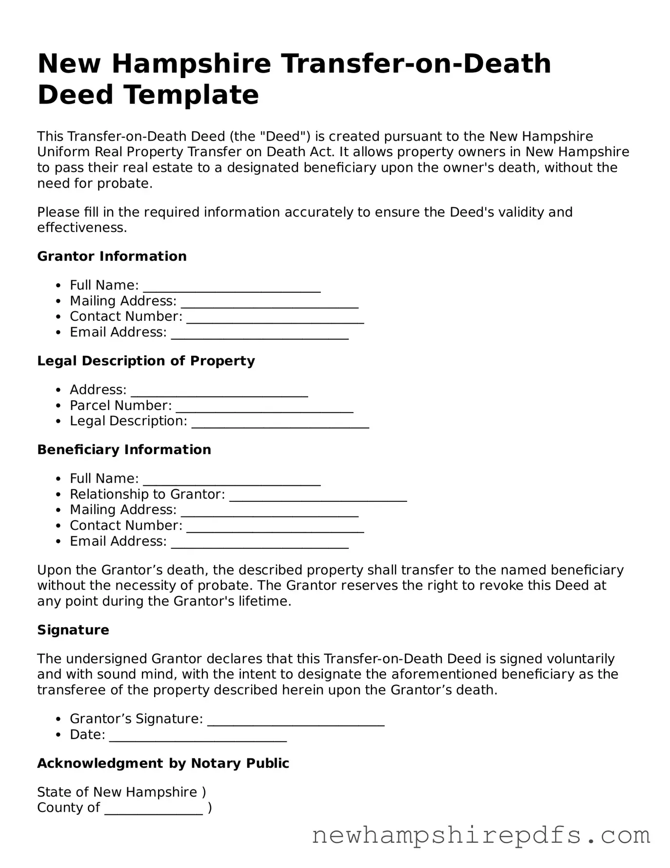 Fillable  Transfer-on-Death Deed Template for New Hampshire