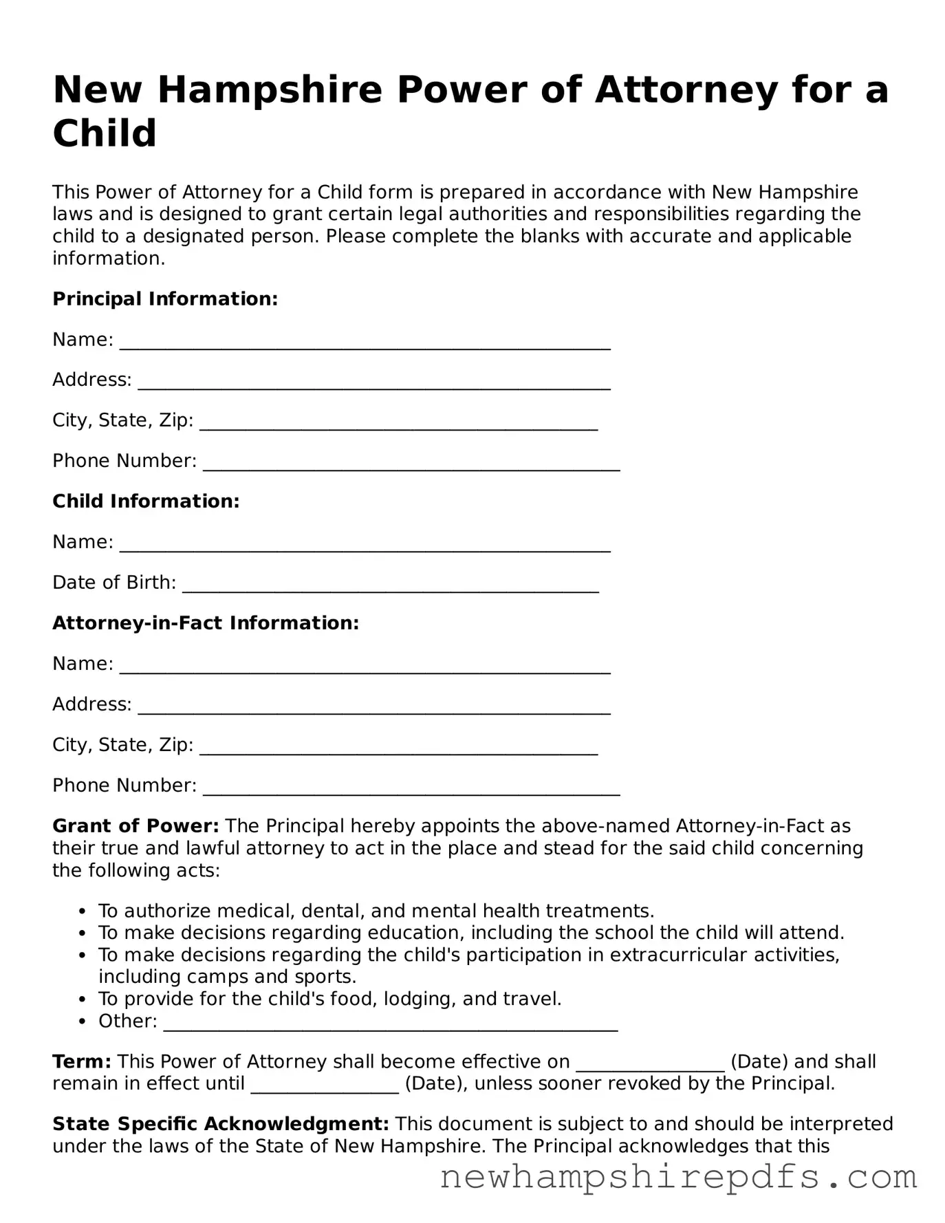 Fillable  Power of Attorney for a Child Template for New Hampshire