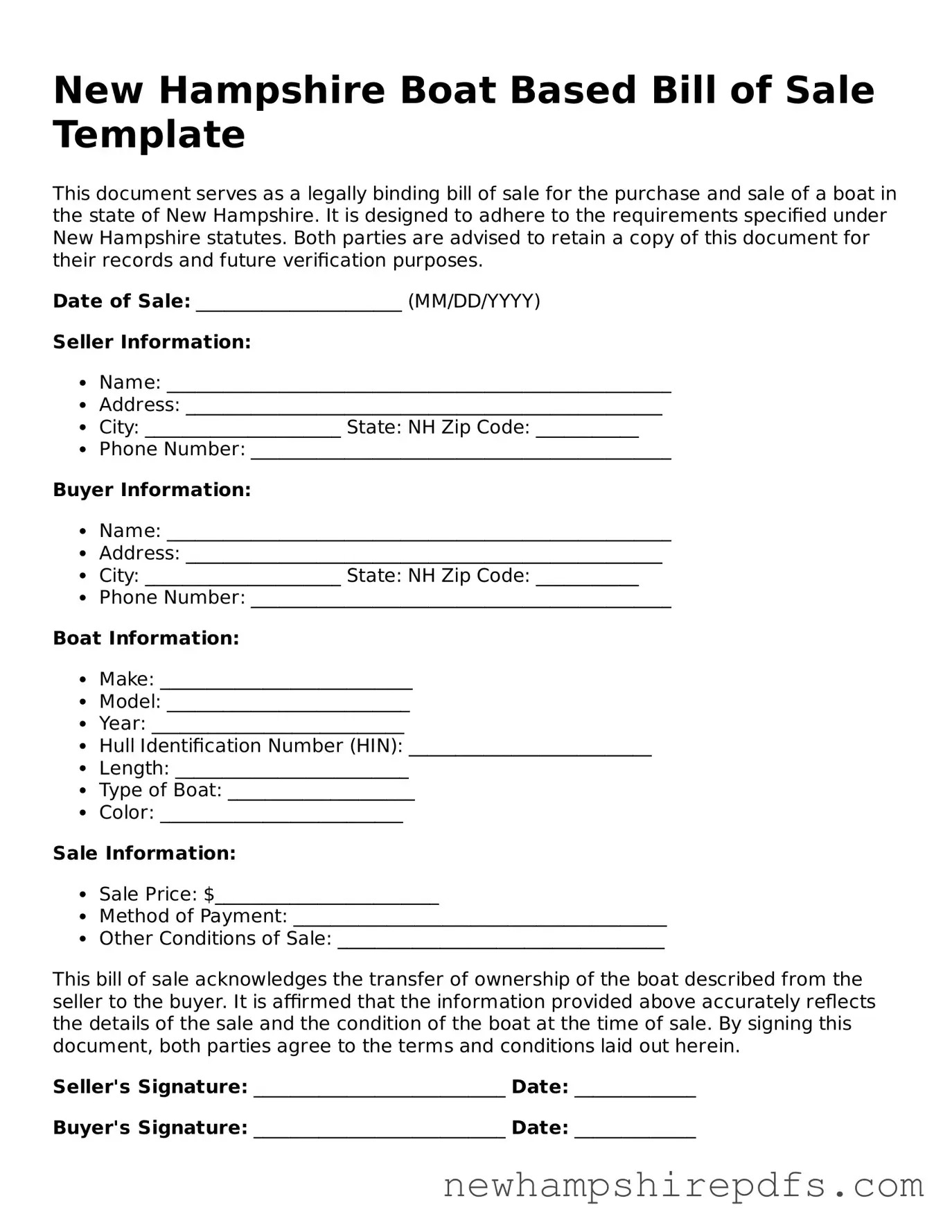 Fillable  Boat Bill of Sale Template for New Hampshire