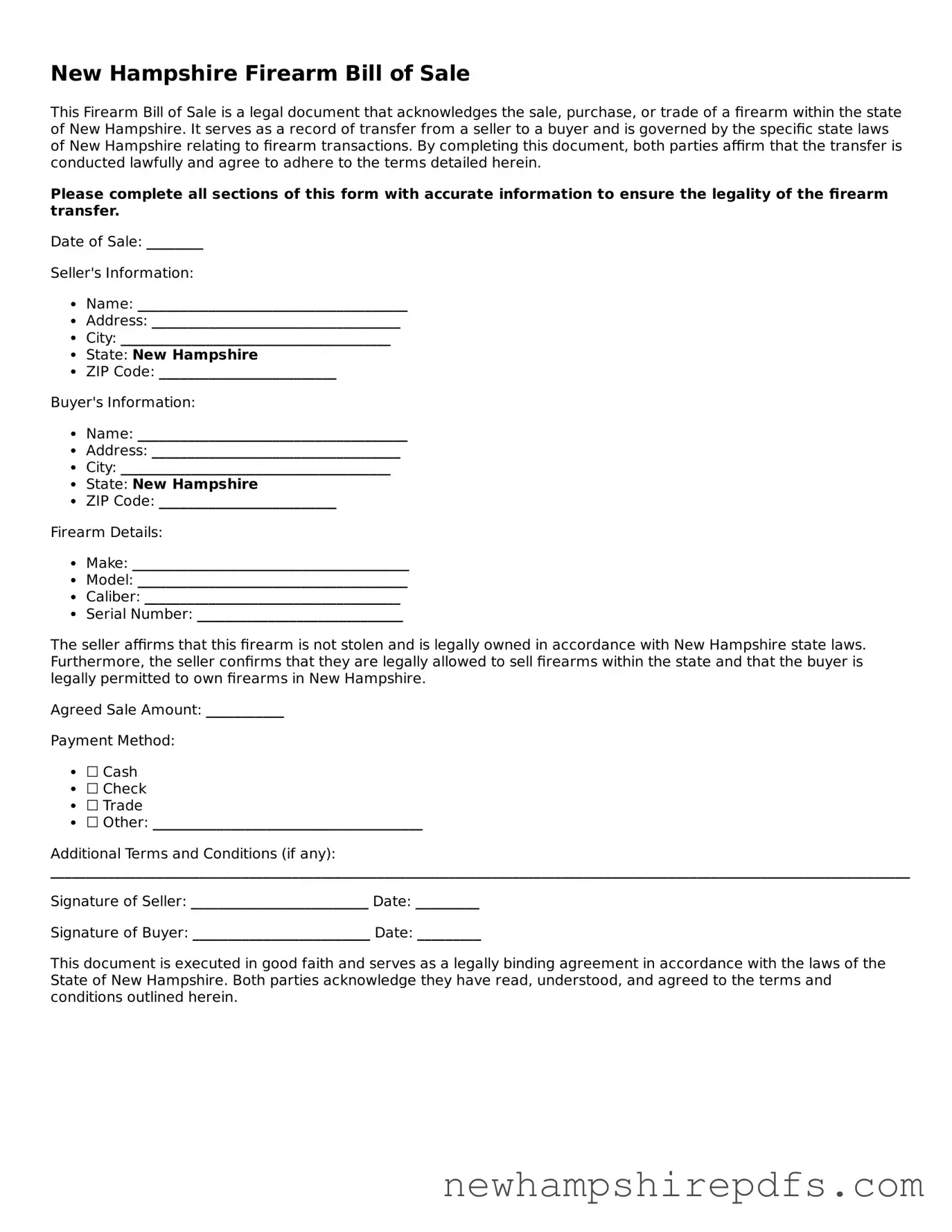 Fillable  Firearm Bill of Sale Template for New Hampshire