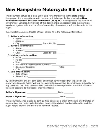 Fillable  Motorcycle Bill of Sale Template for New Hampshire