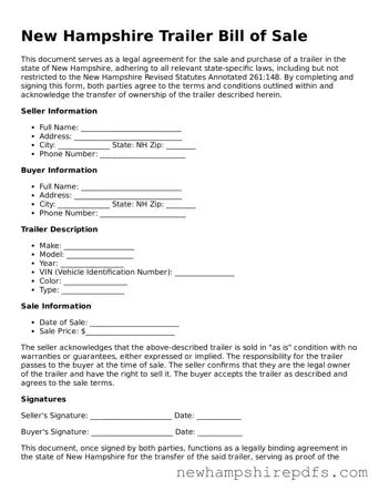 Fillable  Trailer Bill of Sale Template for New Hampshire