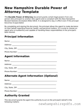 Fillable  Durable Power of Attorney Template for New Hampshire