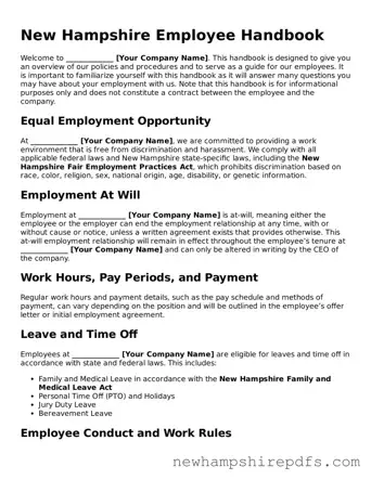 Fillable  Employee Handbook Template for New Hampshire