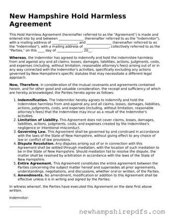 Fillable  Hold Harmless Agreement Template for New Hampshire