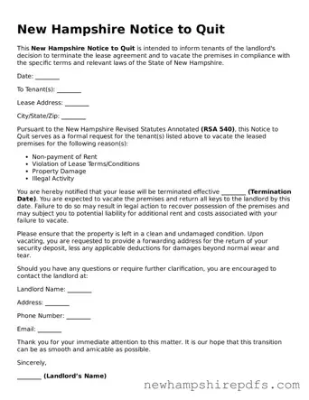 Fillable  Notice to Quit Template for New Hampshire