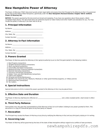 Fillable  Power of Attorney Template for New Hampshire