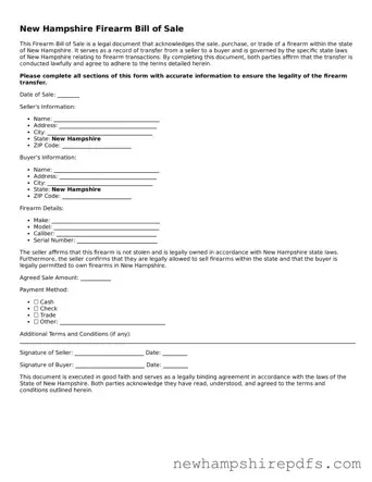 Fillable  Firearm Bill of Sale Template for New Hampshire